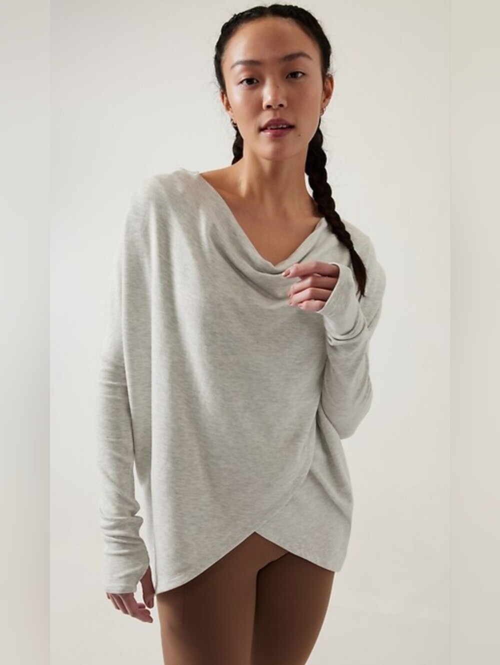 Athleta Purana Heather Gray Draped Cowl Neck Wrap Hooded Sweatshirt